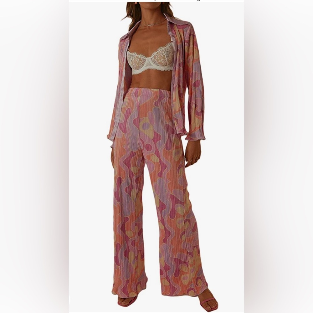 Size small 2 piece pants/button down set, brand new, tags not included